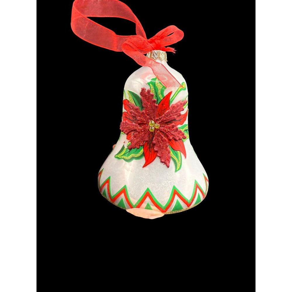 Vtg. Handcrafted Glass 3D Poinsettia Christmas Bell Ornament Red Ribbon - Picture 5 of 8